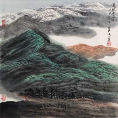 范保文 甲申（2004年）作 远眺雪山下 镜心